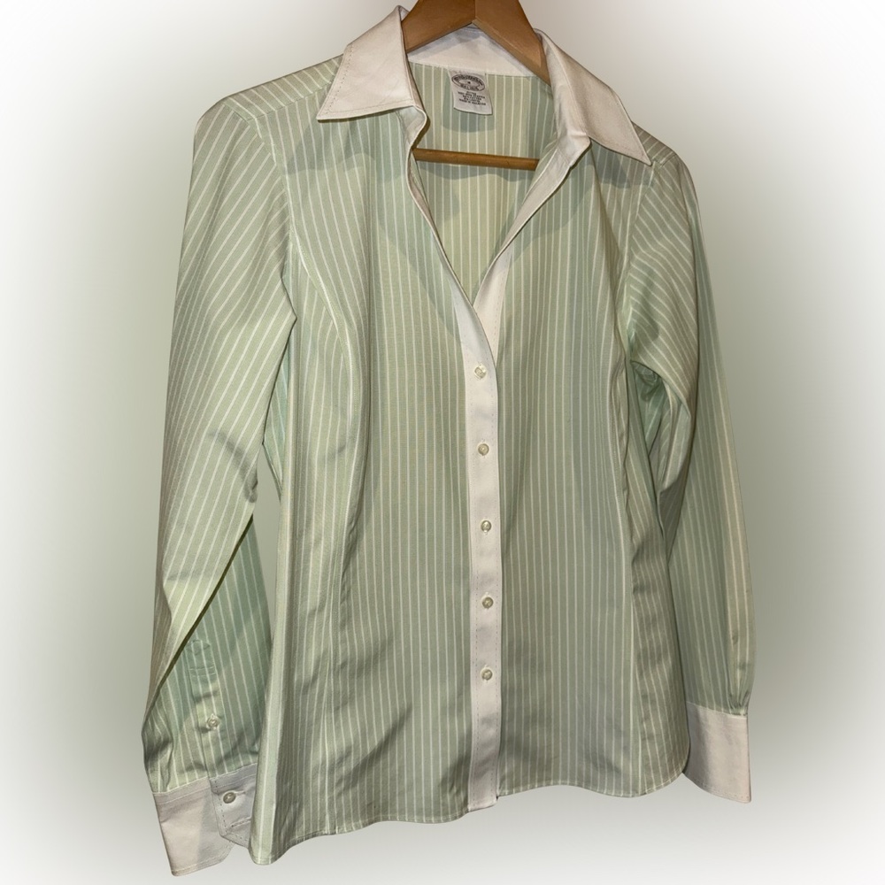 Brooks Brothers Green and White Pinstripe Button-Down Shirt